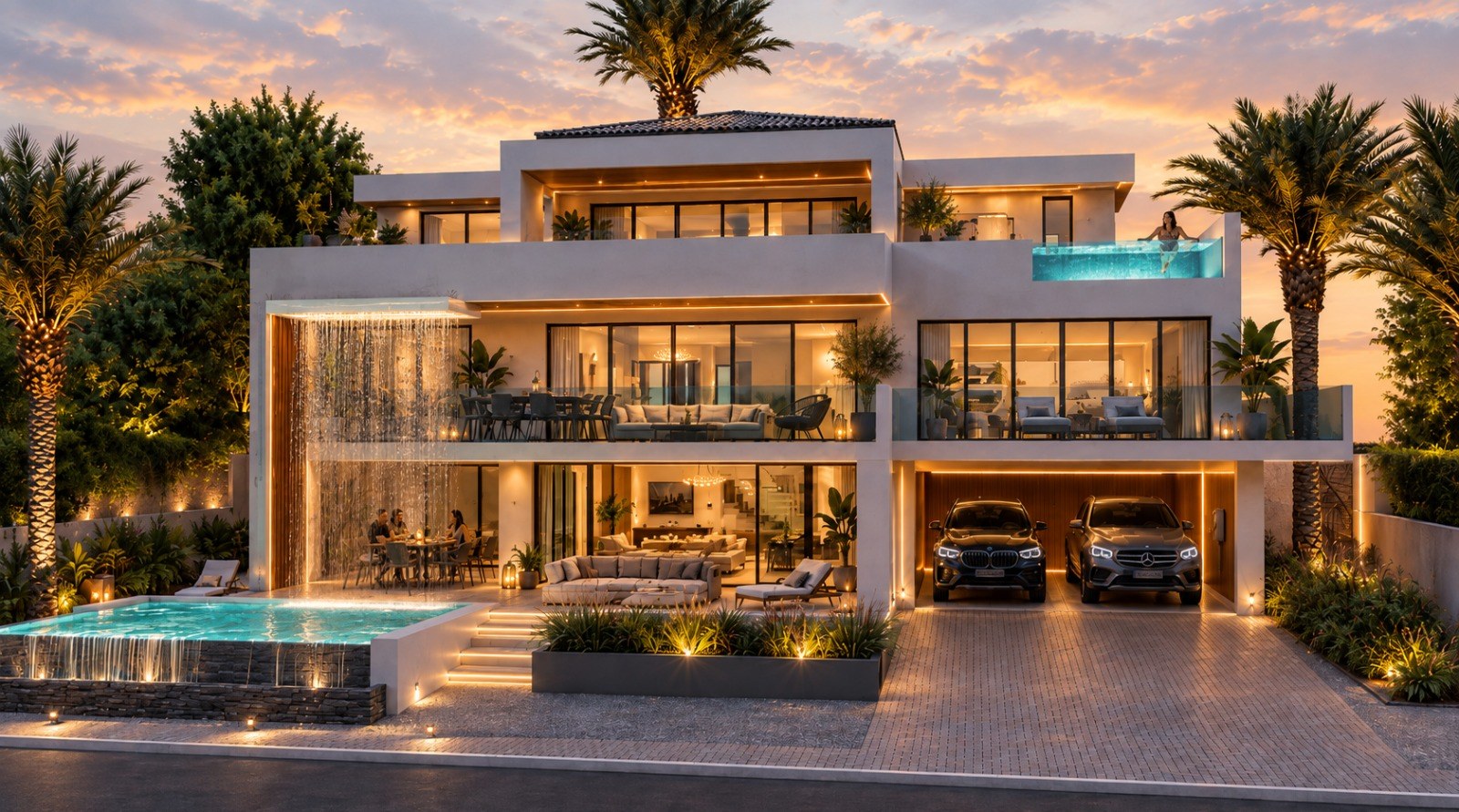 Modern villa at sunset with a waterfall pool, rooftop pool and two cars