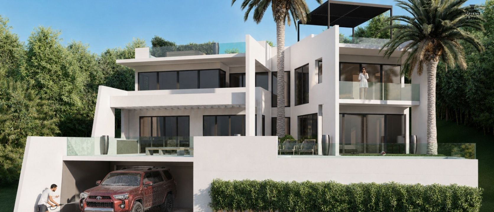 White multi-level villa on a hillside
