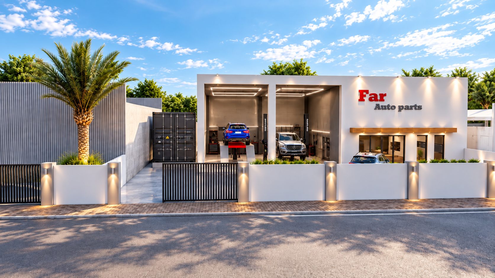Auto parts building with two service bays behind a lit garden wall
