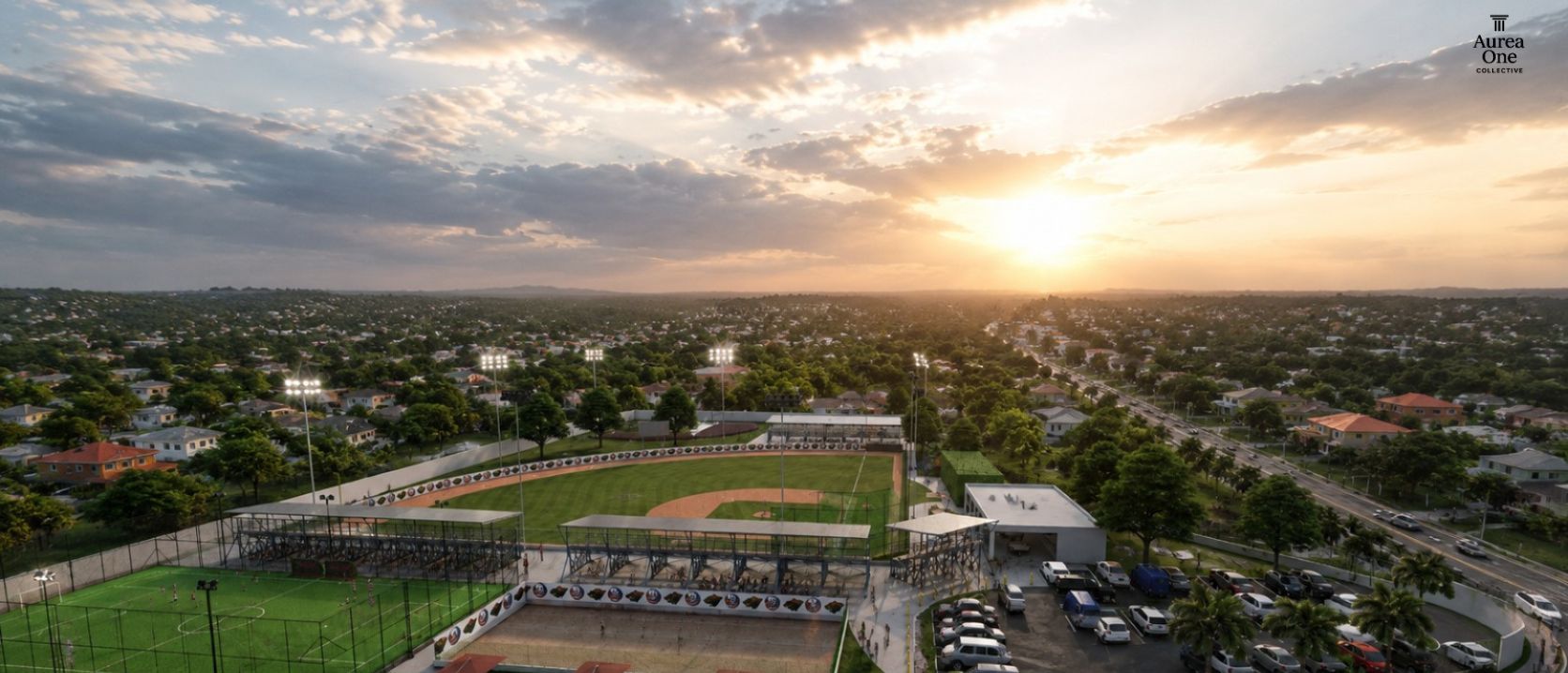 Aerial view of a ballpark and town at sunset