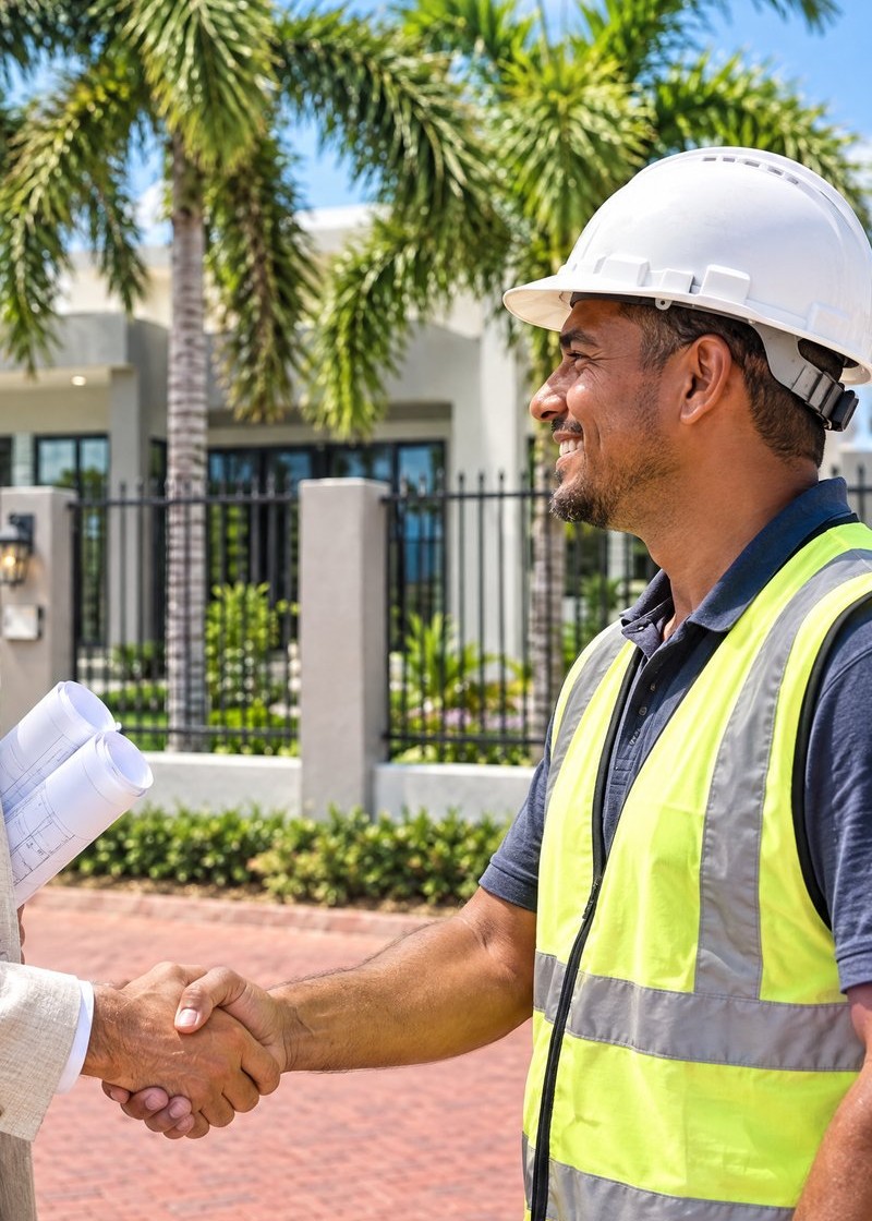 A builder in a safety vest and hard hat shaking hands in front of a finished modern home with palm trees
