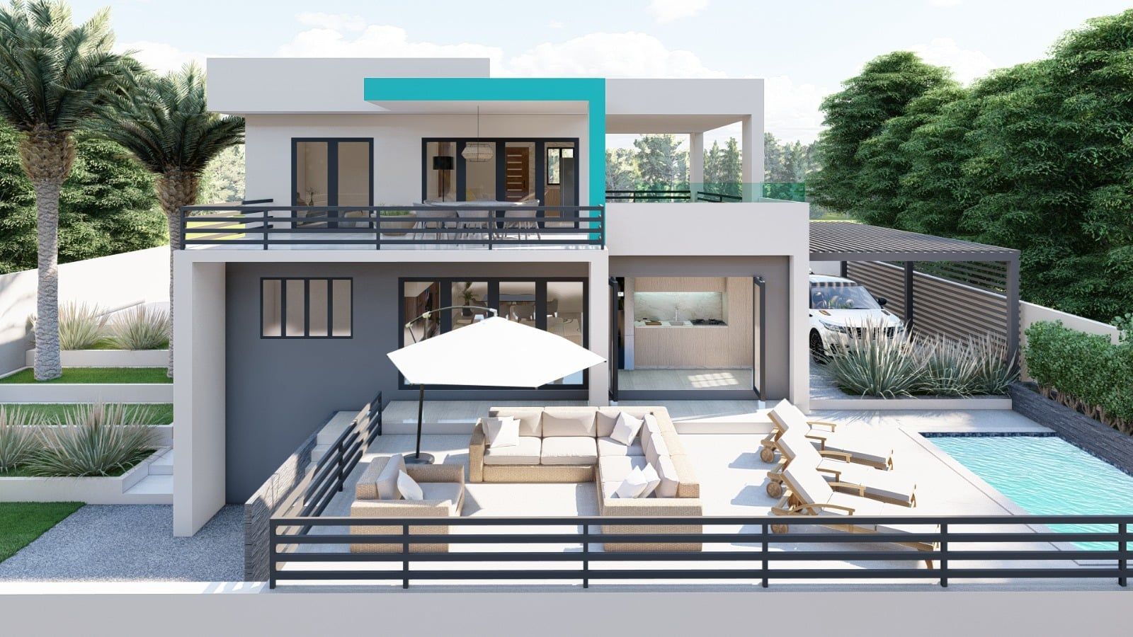 3D render of a two-storey home with terrace and pool