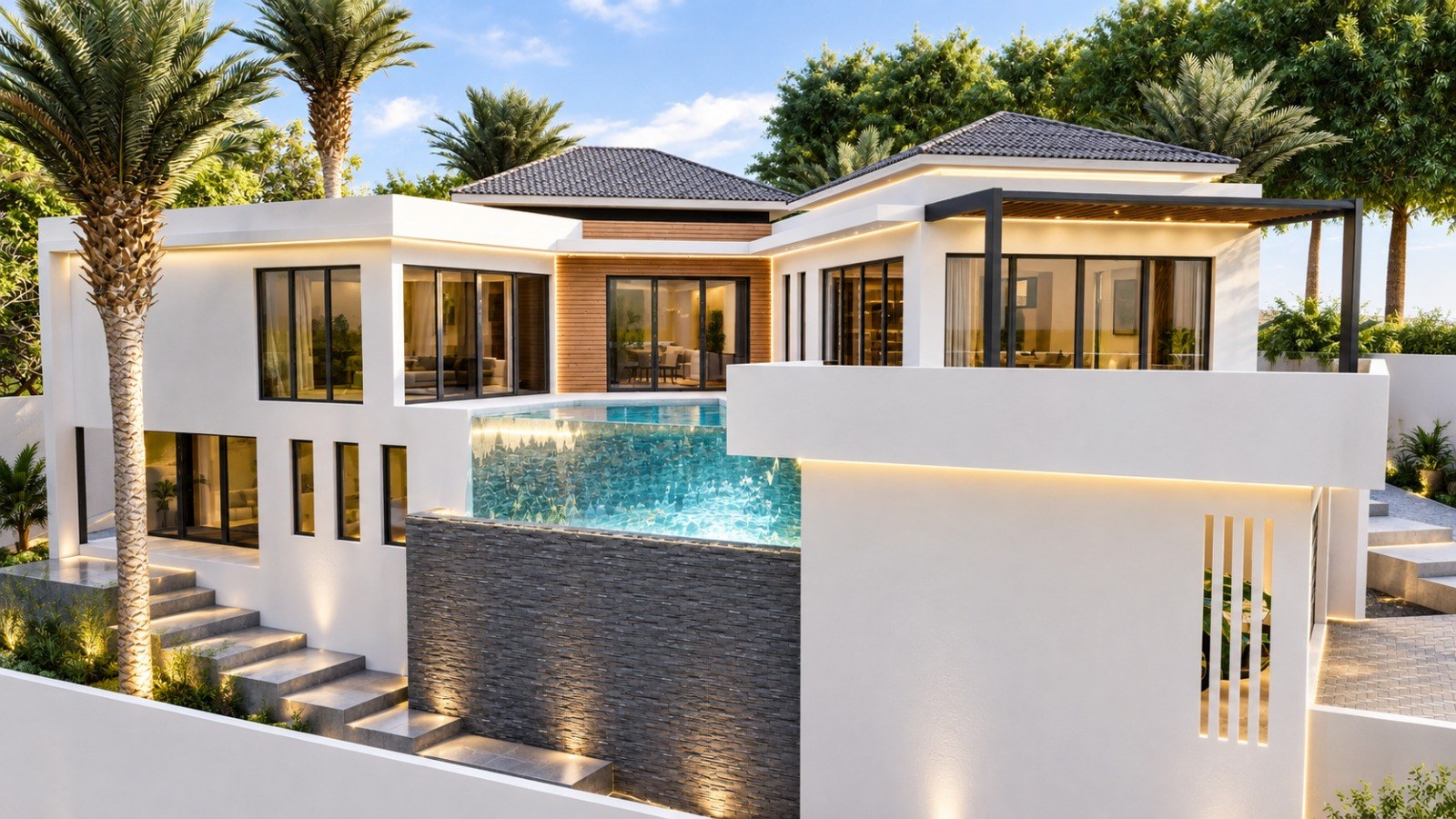 White villa with an infinity pool in daylight