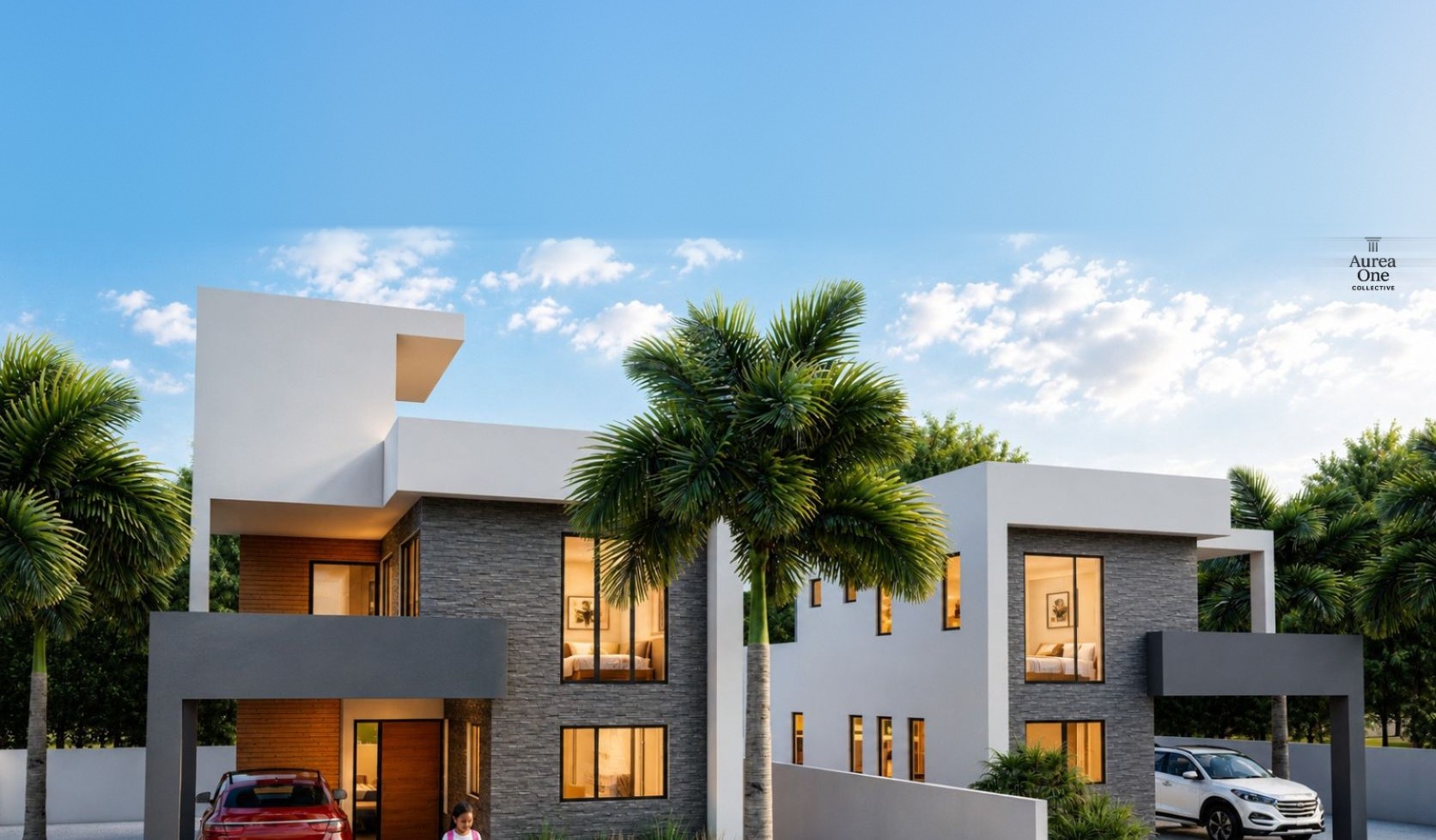 3D render of a two-storey home with stone cladding