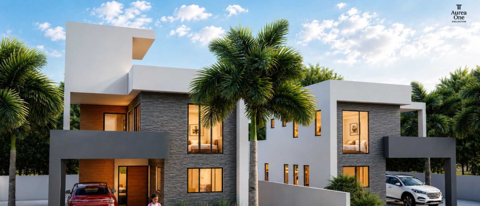 Two-storey family home with stone cladding