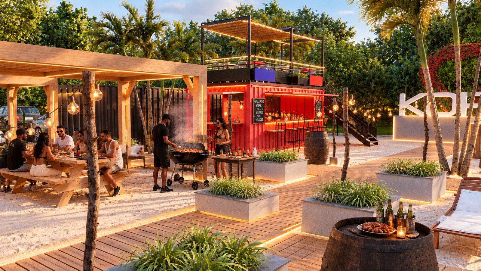 Red container bar and BBQ with a wooden pergola, sand and deck