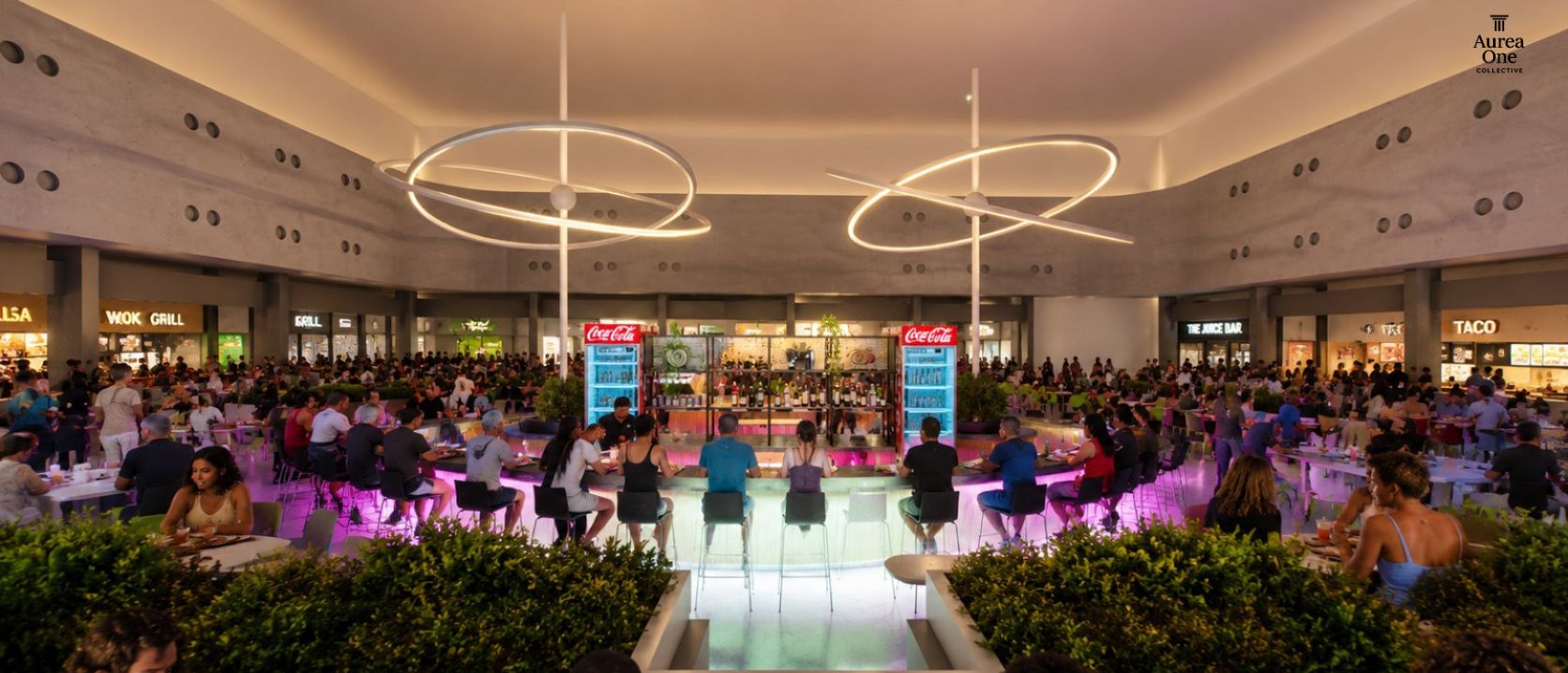Food court interior with circular light fixtures